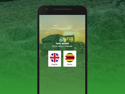 Tractor Service app. Language screen agriculture android app equipment farm green hire languages mobileapp option select selected share tractor ui ux design