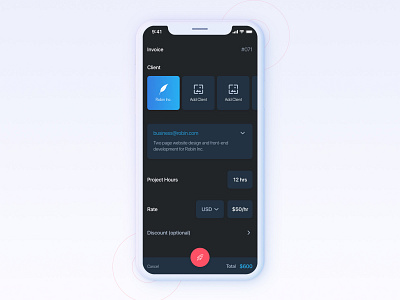 Invoice App app app design calculator clean dark dark theme invoice payment quote ui user interaction ux work