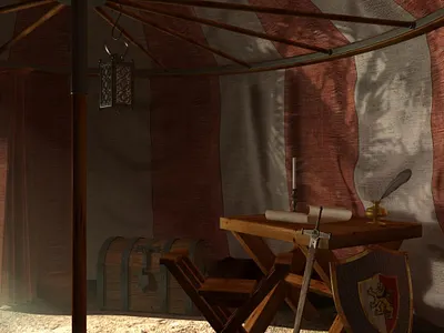 The Captain Tent 3d campaign chest digital 3d environment fantasy gameart interior knight lantern medieval rpg shield sunbeam sword table videogame war