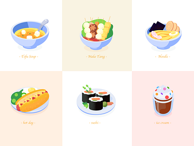 Food colorful delicious design food hot dog ice cream icon illustration malatang noodle soup sushi tofu