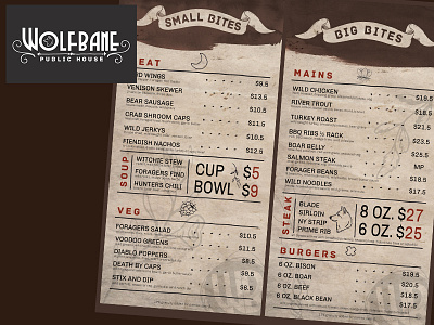 Wolfbane logo and menu layout branding design logo menu menu design