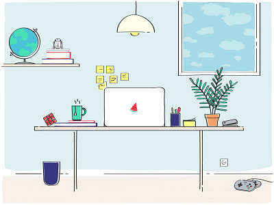 Freelance desk with computer and stuff computer design desk drawing freelance icon illustration illustrator joystick office plant postit r2d2 room rubiks cube