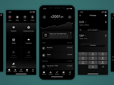 Revolut Dark theme for Metal Users app brand branding clean concept design designer flat idea identity illustration illustrator ios minimal mobile mockup revolut ui ux vector