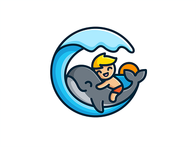 Kid and Whale animal symbol brand branding child children cute fun happy kid boy logo identity love care non profit ocean sea swim water wave splash whale fish