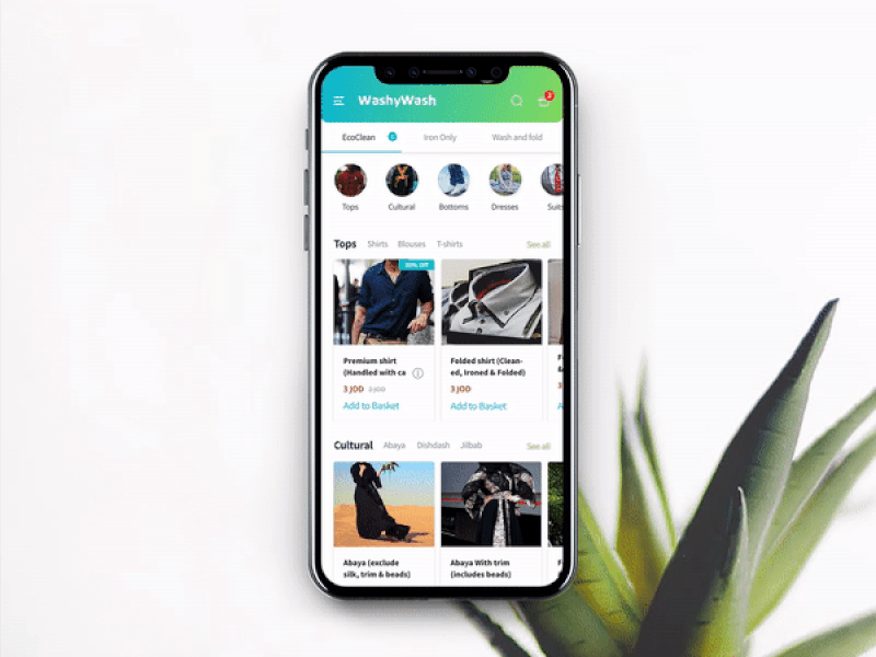 Washywash Homepage add to basket app drawer ecofriendly gif interaction laundry plant washywash
