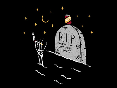 Rest in Pilsners beer cigarette grave hand drawn hand type illustration skeleton