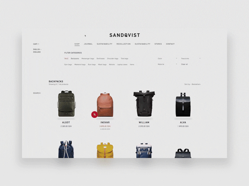 Web Design Concept and Prototype for Sandqvist backpacks minimalist nordic redesign scandinavian sweden ui web webflow webshop