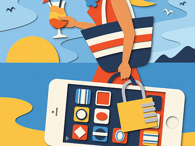 Sunday Times Travel Magazine - Digital Safety Abroad beach digital editorial holiday illustration magazine paper cut papercraft phone travel vacation woman