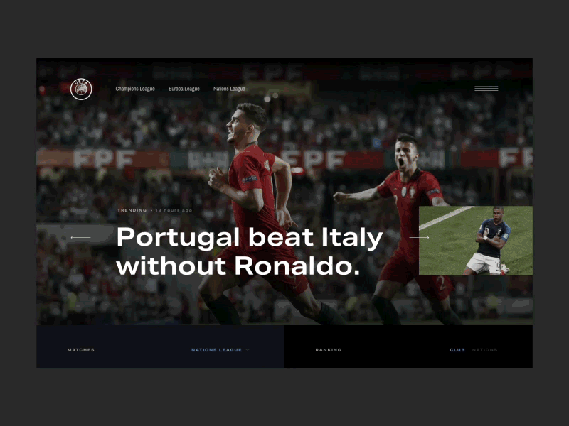 UEFA Landing animation banner carousel clean dark football landing minimal navigation ui