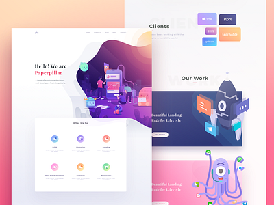 Paperpillar Landing Page 2.0 blog cards character clients desktop icons illustration monster people portfolio rocket web