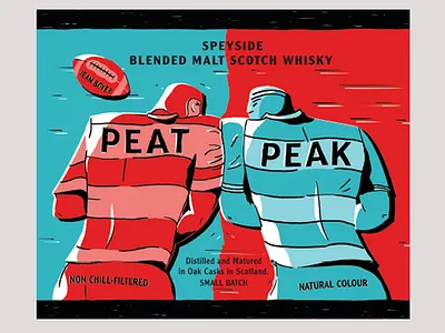 Peat Peak illustration labels packaging rugby whisky