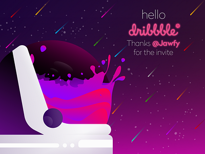 Hello Dribbble art comet cosmos design galaxy helmet icon illustration invite liquid logo pink sketch space space age space helmet spaceman splash stars vector