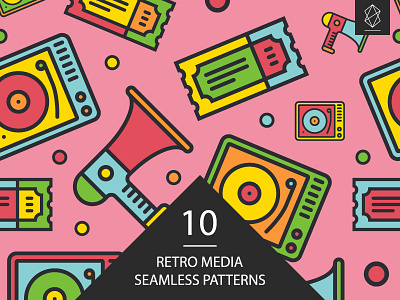 Retro media seamless patterns abstract art background button decoration design flat icon graphic illustration media modern multimedia pattern print retro seamless pattern set symbol typography vector