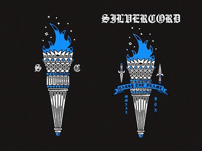 Silvercord Torch band merch band shirt banner banners blue daggers english font fire flame merch design old english font shading silvercord stars tattoo torch traditional tattoo