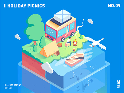 HOLIDAY PICNICS isometric illustration 插图 旅游 露营