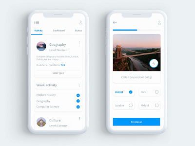 Quiz Game App app card clean design education game ios quiz quizapp task triva ui