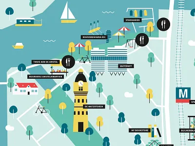 Amsterdam Amstelkwartier - Sneak Peek amsterdam bike boat building city harbor illustration map park trees water watertower