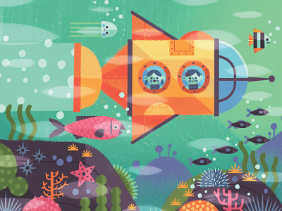 Submarine adventure character digital painting drawing fish flat graphic illustration submarine texture vintage