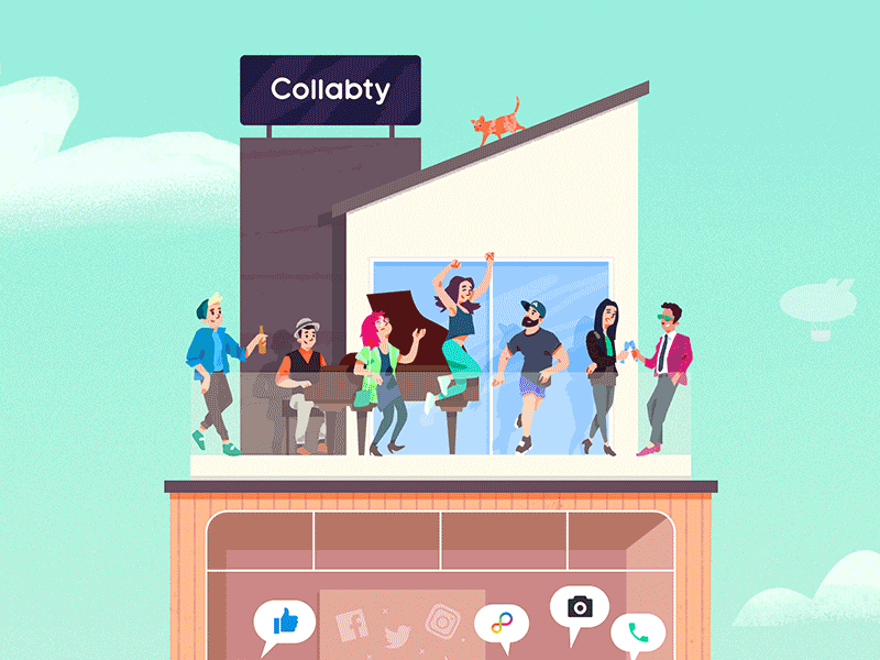 Collabty Illustration band building cat cloud comunity designer fashion floor music people rock