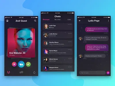 Dating application chat dark darktheme dating like listing messages swipe tinder ui uixu ux