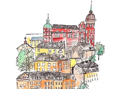European Hillside buildings cityscape europe sketch skyline urban sketch watercolor watercolor illustration