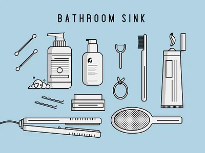 Possessions - Bathroom Sink adobe bathroom beauty products bobby pins bold design flat design floss iconography illustration illustrator line art minimal possessions series series brand toothbrush vector vector art