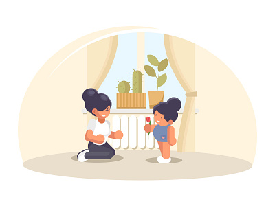 Mother's Day daughter flower girl illustration mother plant window