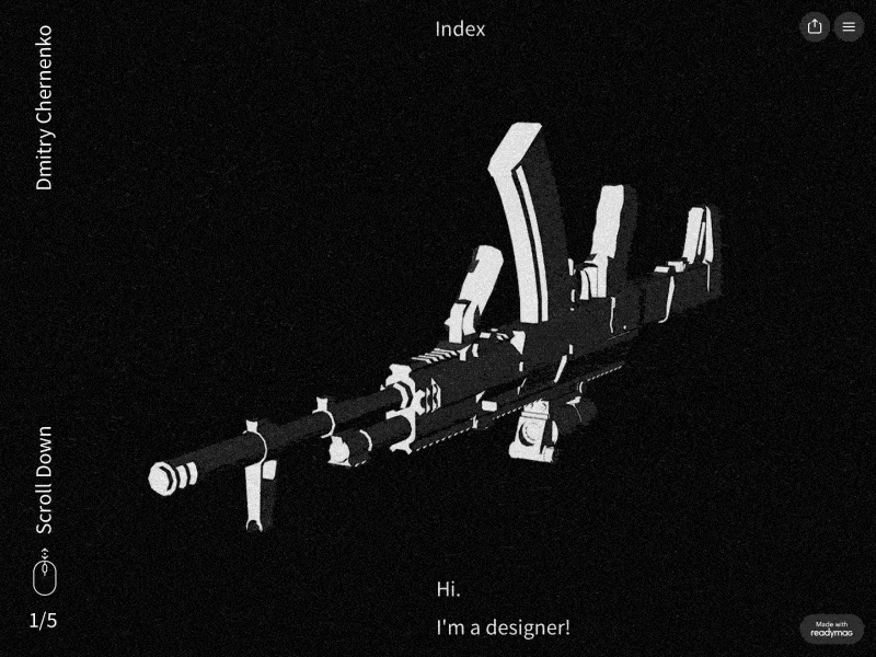 Index page 3d black dark design index page low poly machine gun readymag render weapons