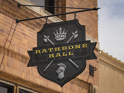 Rathbone Hall Signage 3d 3d render 3d rendering armor axe banner crown gold helmet iron knight knight helmet logo metal sign shield sign signage silver