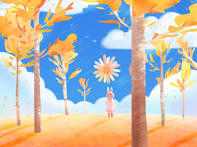autumn秋阳 autumn girl illustration rabbit tree