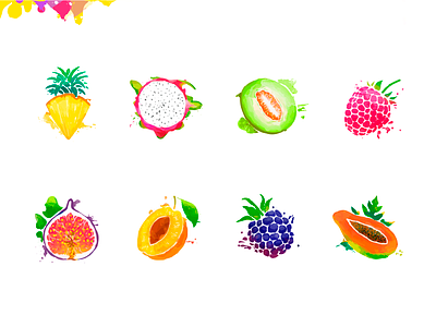 Fruits & berries. (reloaded) berry bright color colorful design food fruit fruits icons illustration juicy painting set splash tasty vector