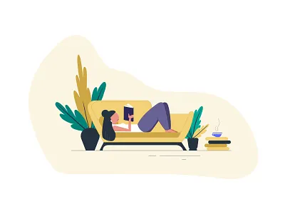 Reading Girl books couch design drawing home illustration learning plants rainyday reading relaxing