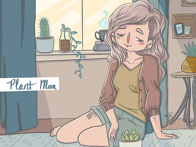 Plant Mom female green illustration lighting muted colors plant plant illustration plant mom succulent window