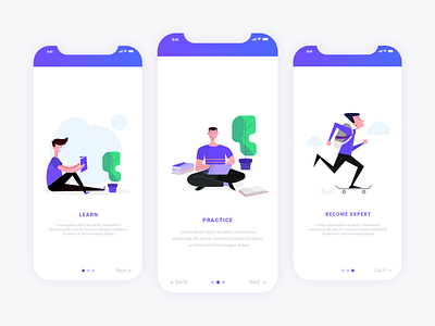 Intro Slider 2d app bag books cloud coding computer glasses guy laptop learning mobile app development mobileappdesign mobileapps people person purple skateboard tree vase