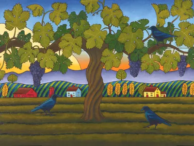 Vintage Crow, 36" x 24", oil on canvas crow grapevine illustration landscape painting vineyard