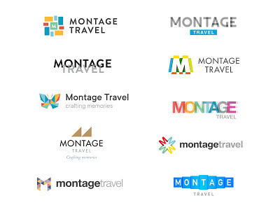 Montage Travel Logo Exploration agency branding butterfly collage logo m montage tiles transparency travel typography