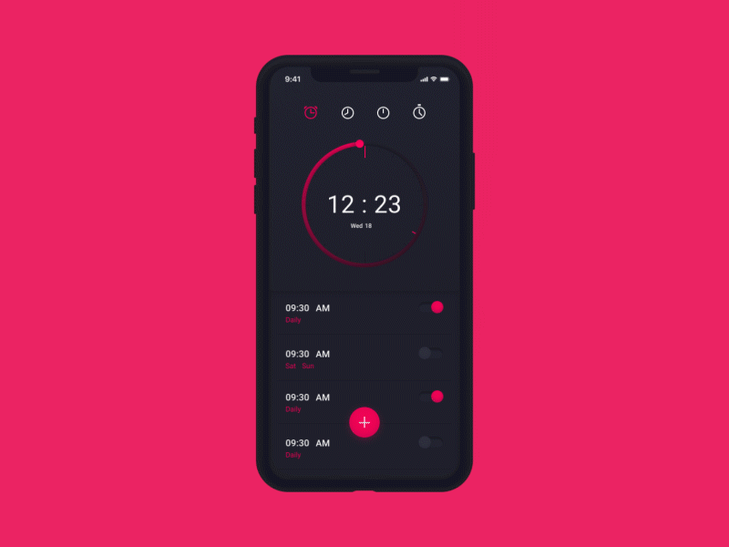 Clock App animation app application black clock design iphone iphone x mobile pink time ui web