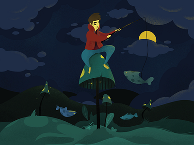 On the mushroom artwork fish fishman illustration invite mushroom night noise