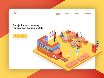 Rumah Makan Padang Banner Illustration banner indonesia isometric isometric character isometric icons landing page padang rendang restaurant ui user interface website