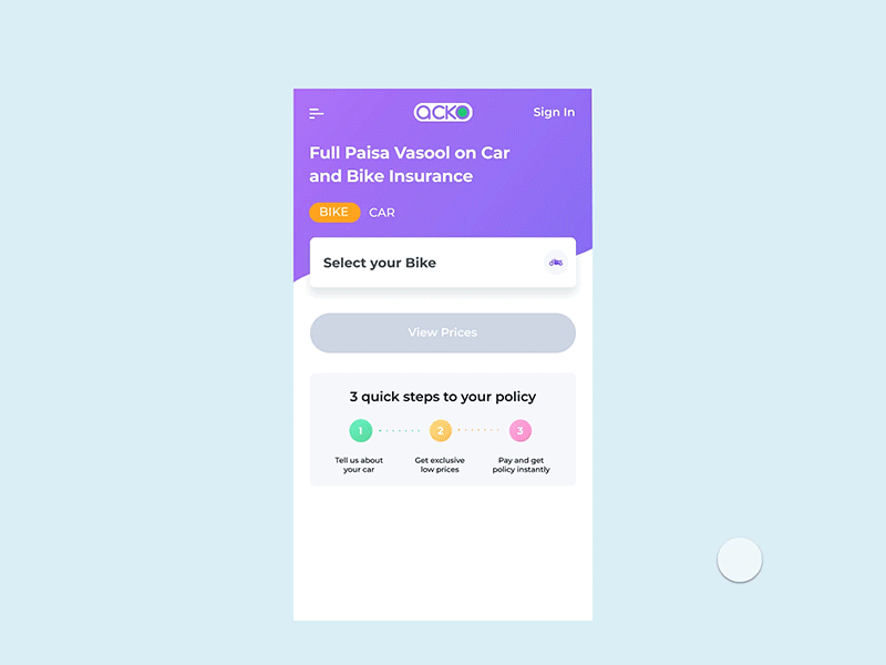 Bike Insurance quote process animation interaction invision invisionstudio microinteraction mobileweb
