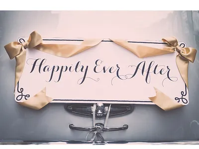 Happily Ever After Sign car cardboard decoration fancy lettering ribbon sign wedding