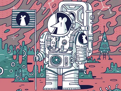 Of Mice and Astronauts II astronaut cartoon colors digital flag illustration ink mouse painting rocket space space art spaceship