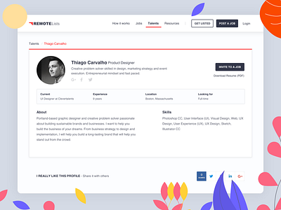 RemoteLists - Talent Profile (Free plan) 2d account app clean dashboard hire hired invite jobs landing launch personal profile recruiter remote remotework resume talents web website