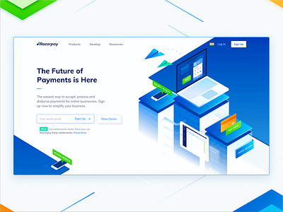 Razorpay Landing Page blue branding finance illustration isometric landing page laptop payments typography ui ux website