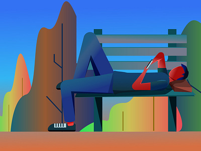 The Man On The Bench bench evening illustration lying man park smartphone vector