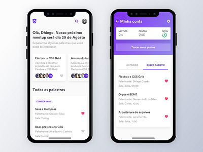 Meetup CSS App carrousel css education event event app gamification levels like list meetup profile purple search tab typogaphy