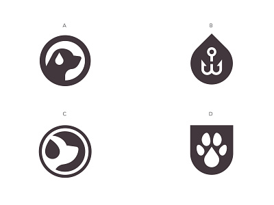 Wet Dog Logo Concepts badge black lab creative design dog fish hook fishing logo outdoors paw water water drop white