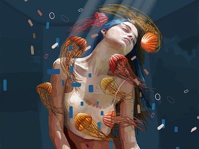 The girl with the jellyfish tattoo 2d art blue digital painting digitalpainting drawing futuristic girl illustration orange sketchbook woman