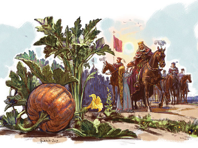 To the sky behind the stars fairytale garden horse illustration king ladyofheaven pumpkin sky wizard иллюстрация