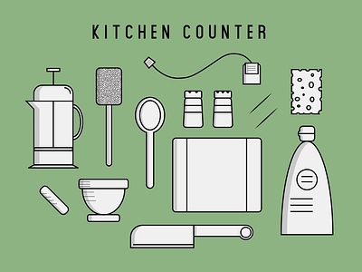 Possessions Kitchen Counter adobe bold design design dish soap french press coffee icon iconography identity illustration illustrator kitchen kitchen art knife logo minimal vector